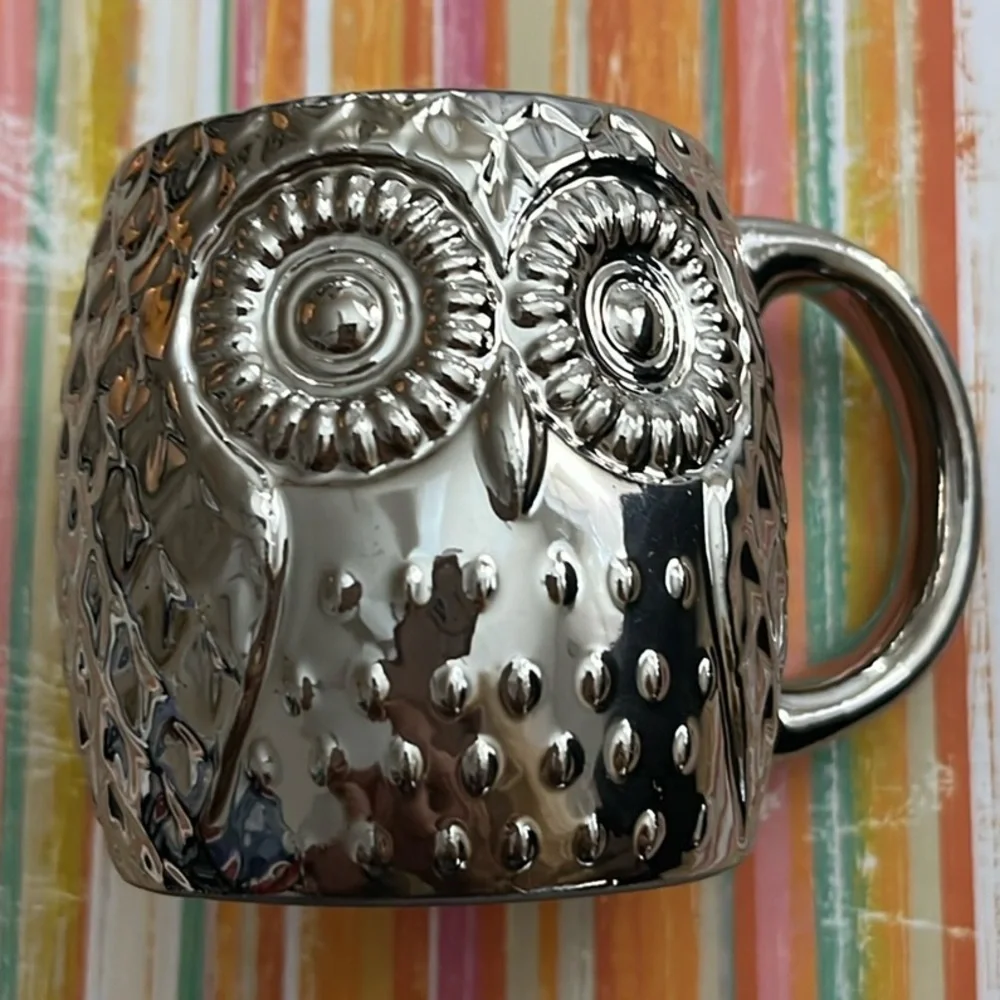 West Elm Owl Mug Silver Metallic Cup small Chi Omega Textured